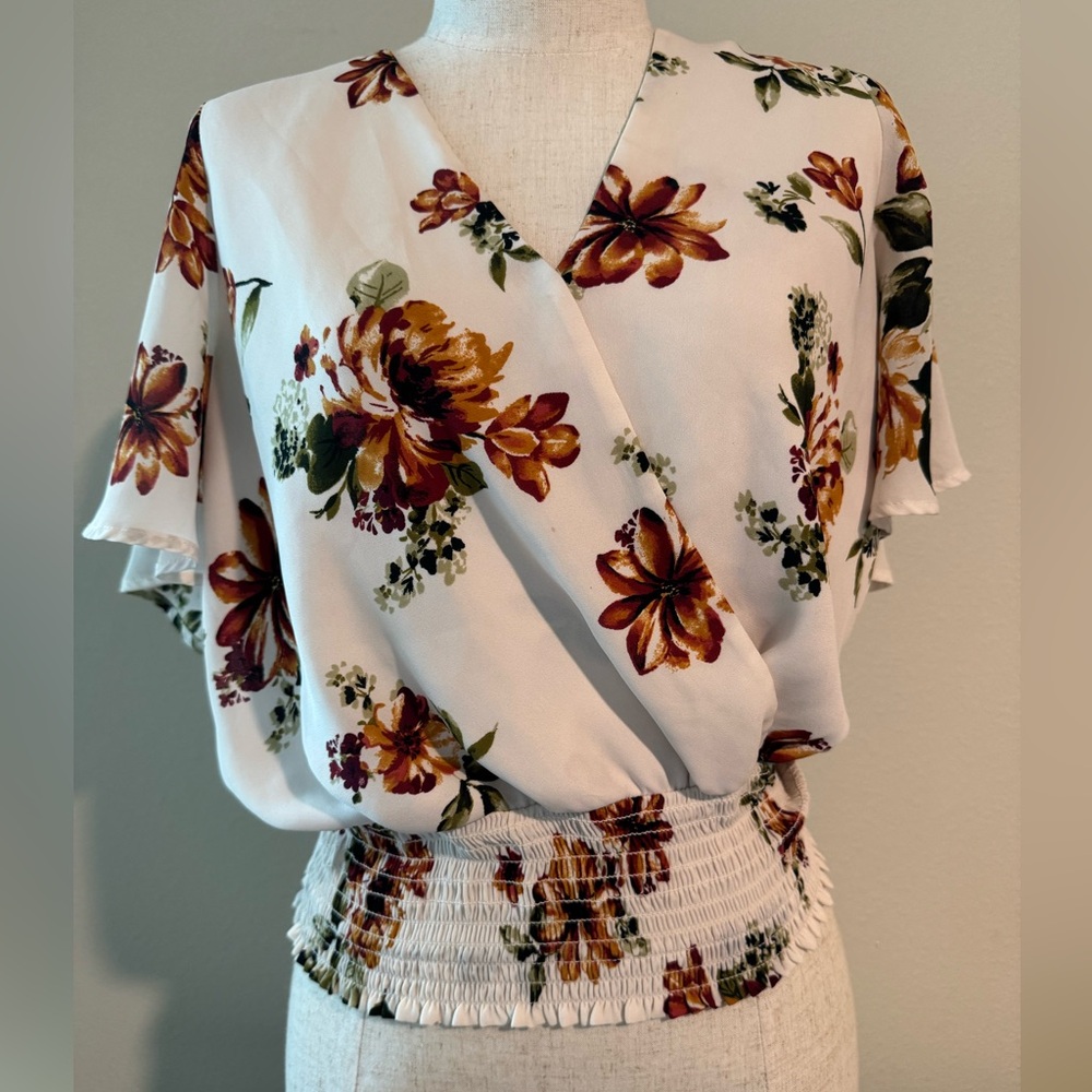 June & Hudson Floral Wrap Blouse - White and Brown